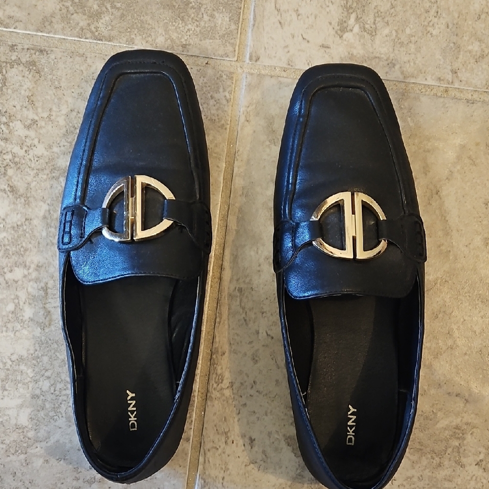 DKNY Black Leather Loafers with Gold Accent